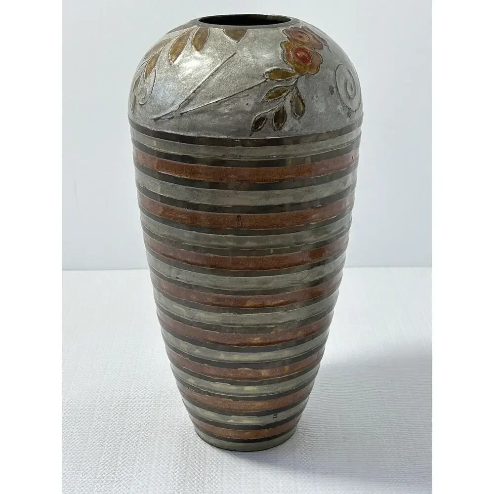 Vintage Brass Cloisonne Flower‎ Decor Vase~Floral~Earthtones~India~10.25